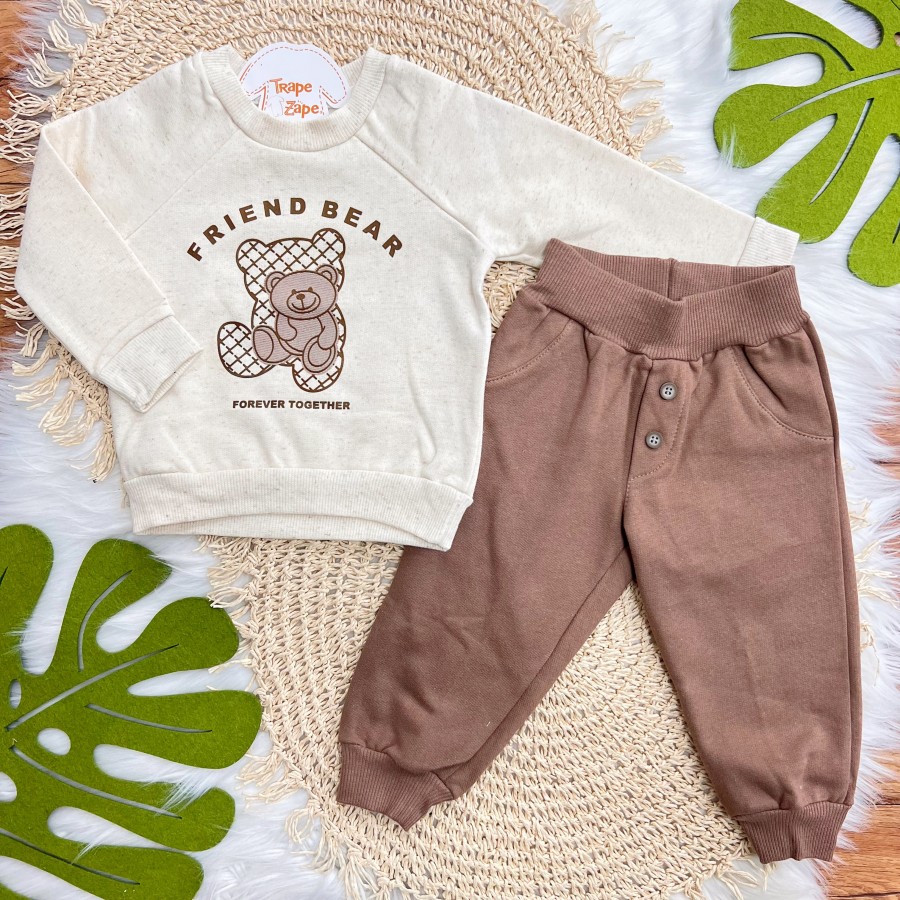 Conj. Casaco Friend Bear e Calça de Moletom - Areia e Marrom